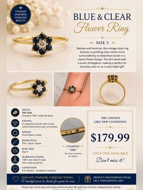 Blue & Clear Flower Ring - 10K Gold
